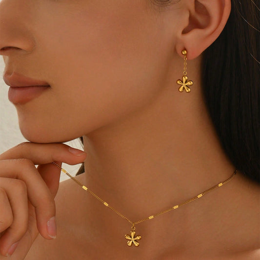 Lxalry 18K Gold Plated Stainless Steel Dainty Flower Pendant Necklace And Earrings Set For Women - Waterproof, Hypoallergenic, Cute Jewelry Gift For Birthday, Mother's Day, Daily Summer Outfits, Party