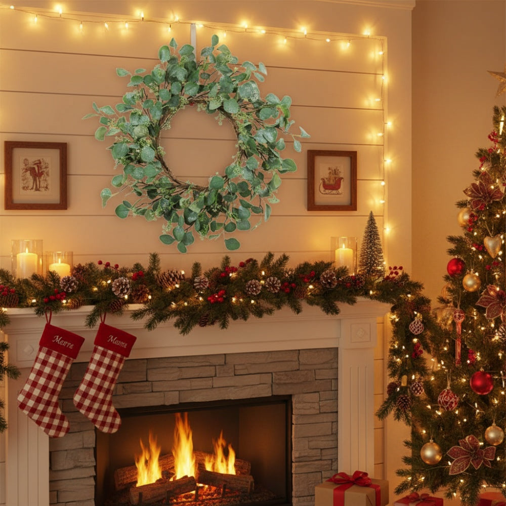 23.6in Christmas Eucalyptus Wreath Nartural Green Door Wreath, Fake Leaf Garland For Home Wedding Front Door Decor