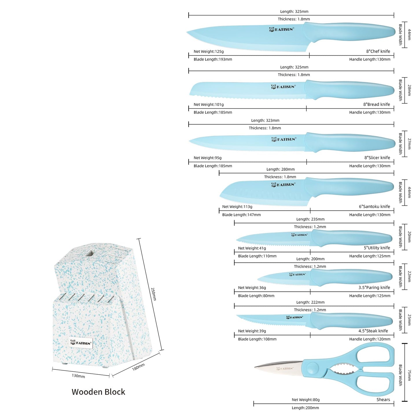 Kitchen Knife Set With Block, 14 Piece BLUE Non-Stick Paint Coating Stainless Steel Knives Set, Anti-Rust And Dishwasher Safe, 12 Knives With Kitchen Shears And Block