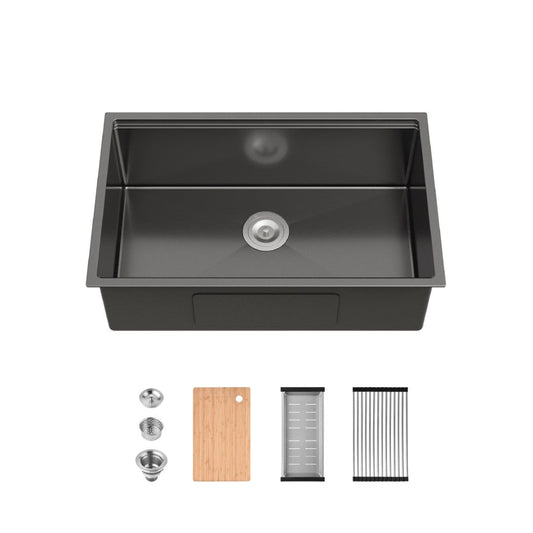 Stainless Steel Kitchen Sink, Single Bowl, Undermount Handmade Sink In Black, With Cutting Board, Colander