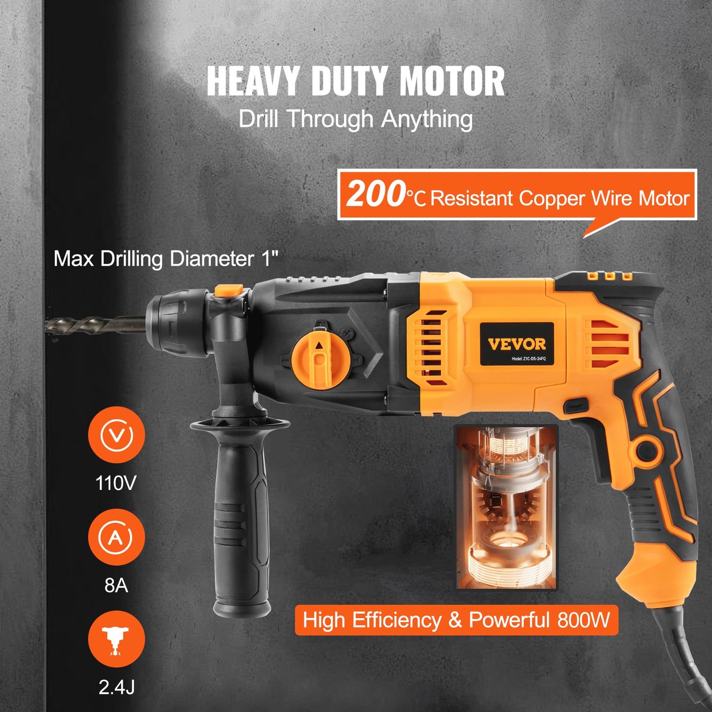 Rotary Hammer Drill Corded Drills 1' 4 Modes SDS-Plus Chipping Hammers