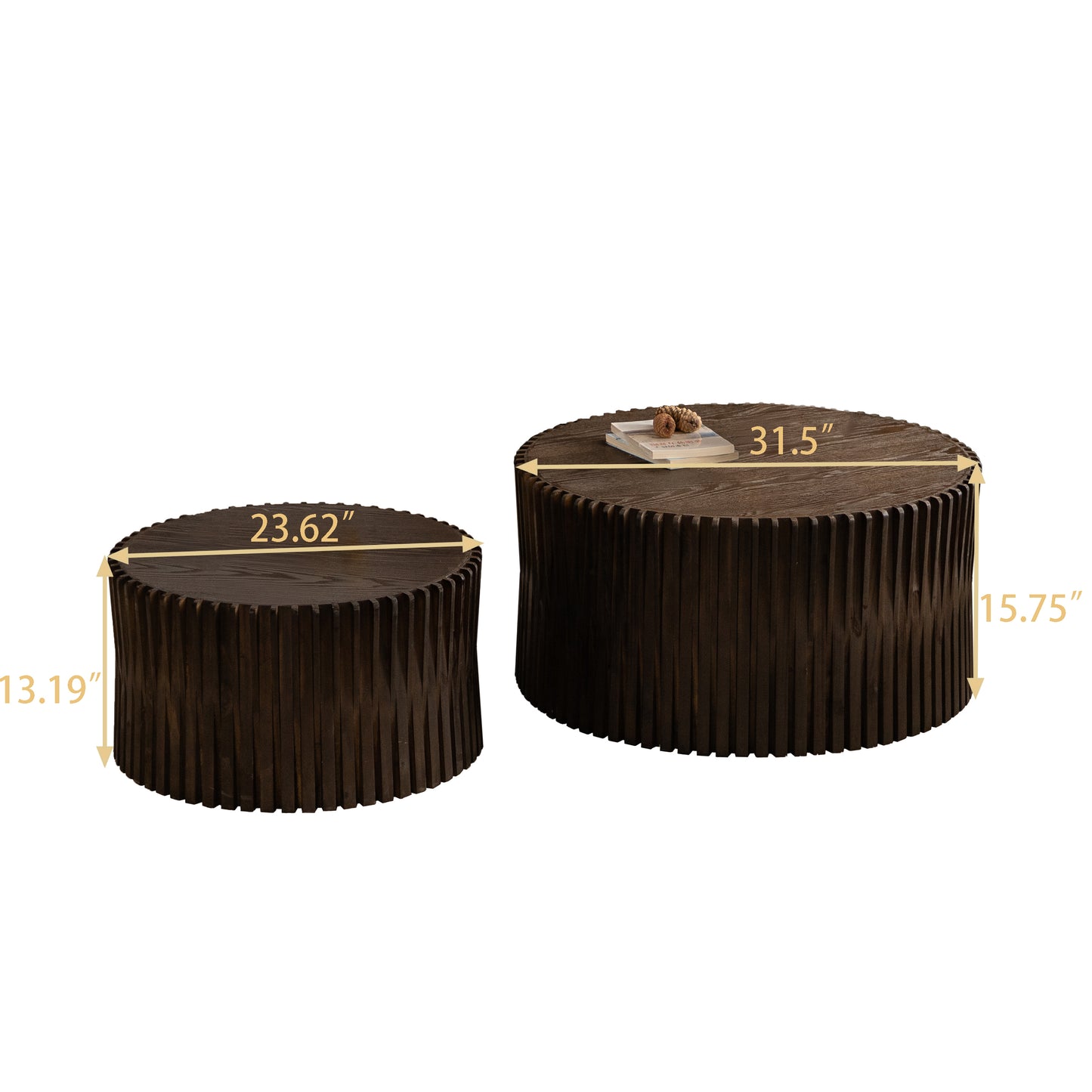 Vintage Fashion Style Cylindrical Nesting Coffee Table Set With Vertical Textured Embossed Design For Living Room, Office And Dining Room, Dark Brown  Set Of 2