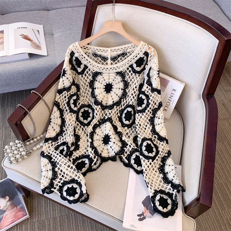 Women's Crochet Lace Yoke Sweater, Geometric Pattern Long Sleeve Pullover With Eyelet Embroidered Trim