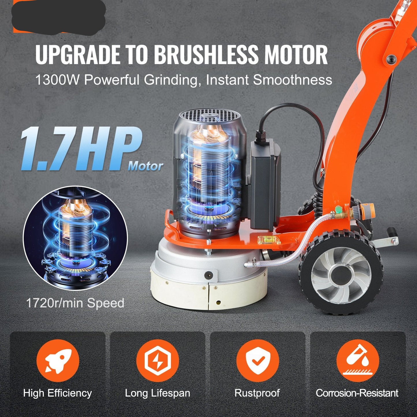 Electric Concrete Floor Grinder 10" Walk-Behind Grinder 1.7HP Concrete Floor Polisher, 1300W Grinding Machine, 1720RPM Upgrade Brushless Motor Surfacing Grinder For Granite/Marble/Stones