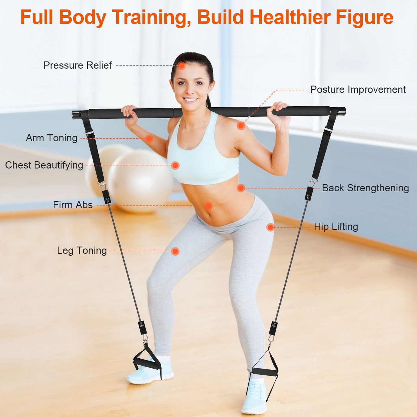 100LBS OR 180LBS Band Options - 1Pc Pilates Bar Kit Multifunctional Pilates Yoga Toning Bar Full Body Exercise Equipment Set For Beginners Intermediates Professionals 4 Elastic Resistance Bands
