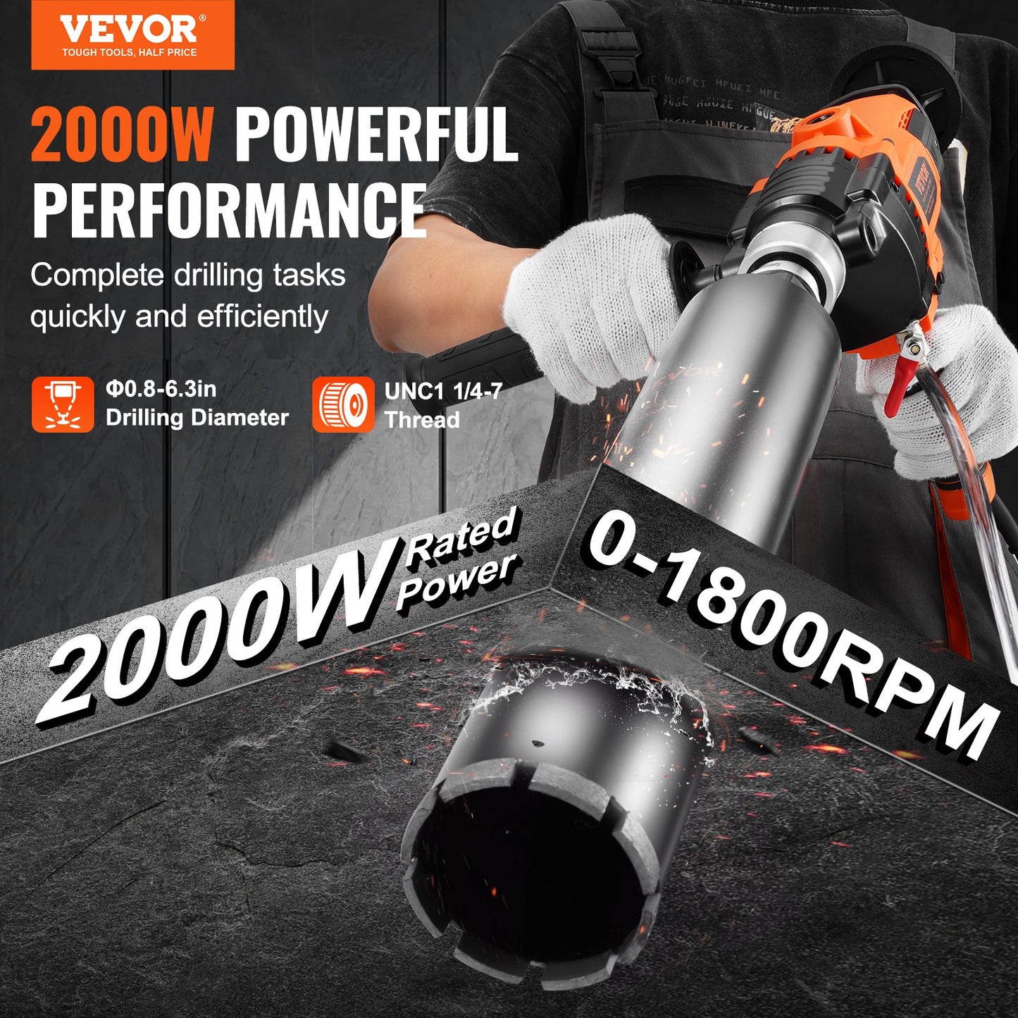 Core Drill Machine 0.8-6.3in Dia 2000W Handheld Core Drill Rig For Mixing