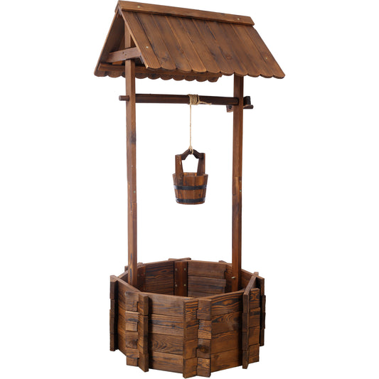 Rustic Wooden Wishing Well Planter Outdoor Home DEcor For Patio, Garden, Yard W Hanging Bucket