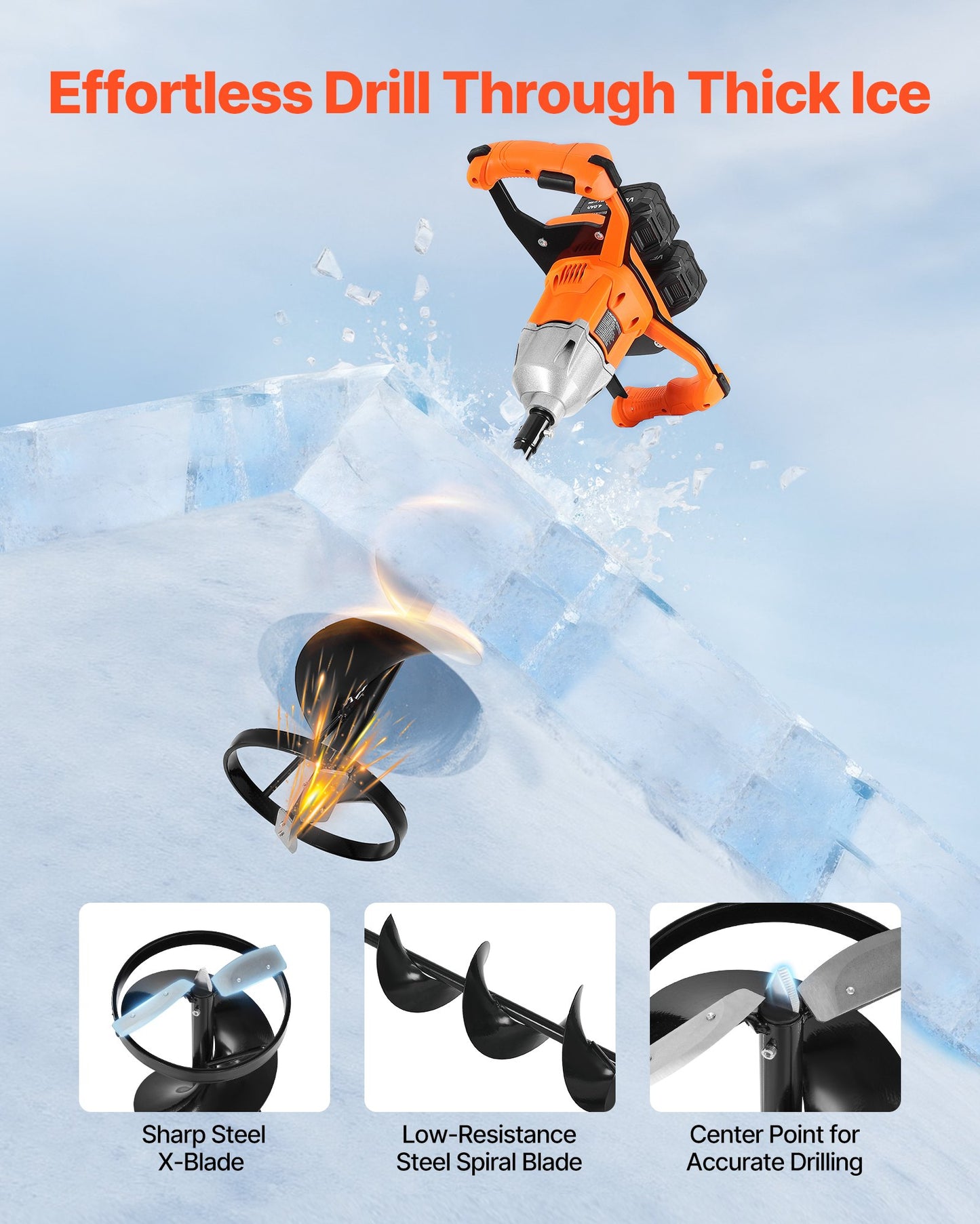 40V Electric Ice Auger, 2 In 1 Cordless Ice Fishing Augers And Earth Auger With 8" Ices & Earth Drill Bit, Cold-Resistant Post Hole Digger, Turbo High-Speed Cutting System