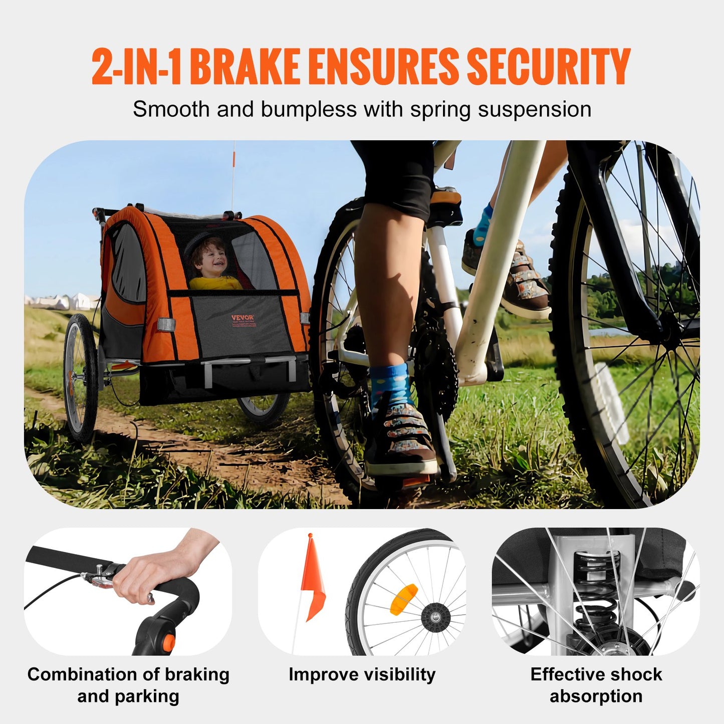 Bike Trailer For Toddlers, Kids, Double Seat, 100 Lbs Load, 2-In-1 Canopy Carrier Converts To Stroller, Tow Behind Foldable Child Bicycle Trailer With Universal Bicycle Coupler, Orange And Gray