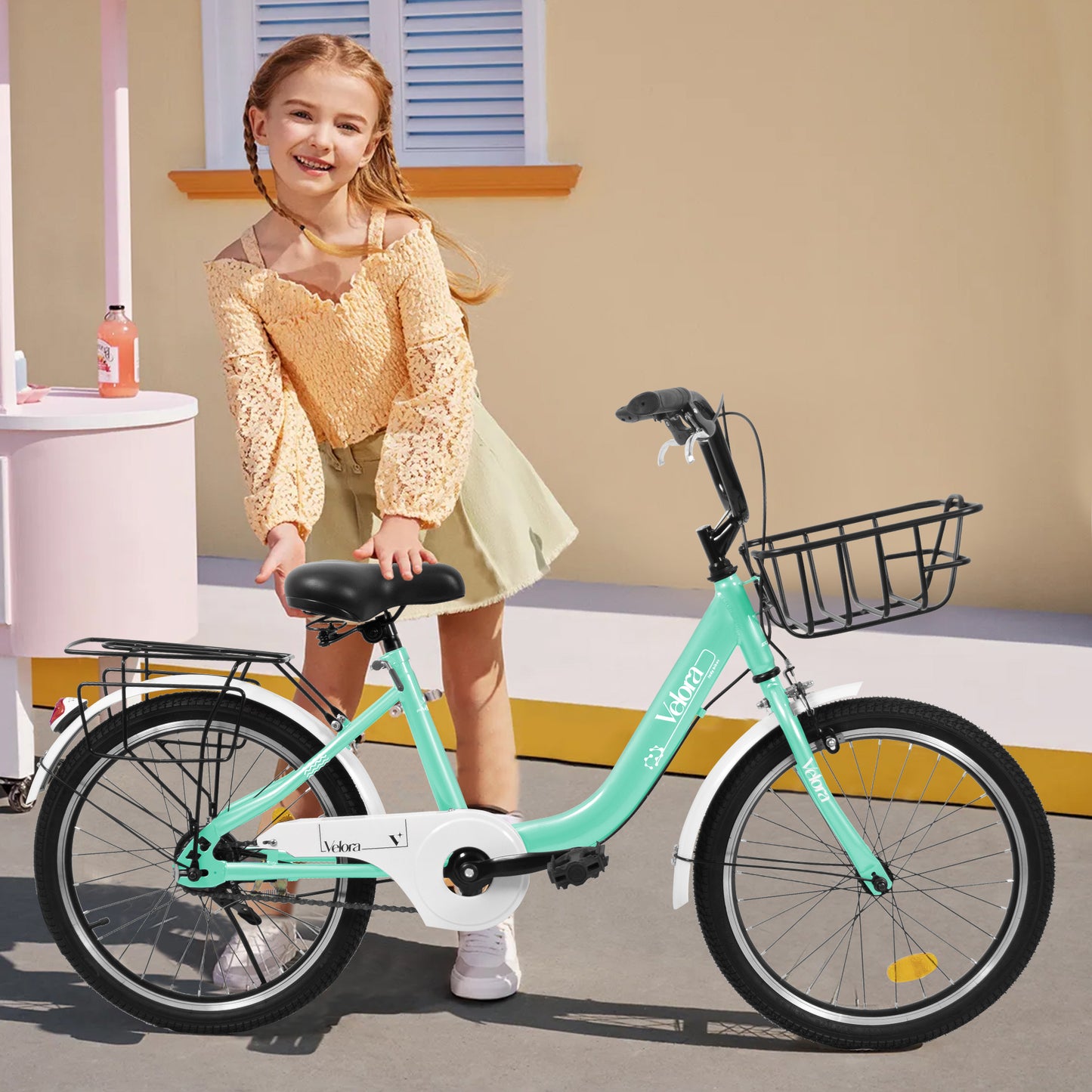 A20182 20 Inch Kids Bike For Boys & Girls, Children's Bicycle With Coaster Brake & V-Brake, 1-Speed, Chain Guard & Rear Rack, Lightweight Steel Frame Pink, Green, Purple, White