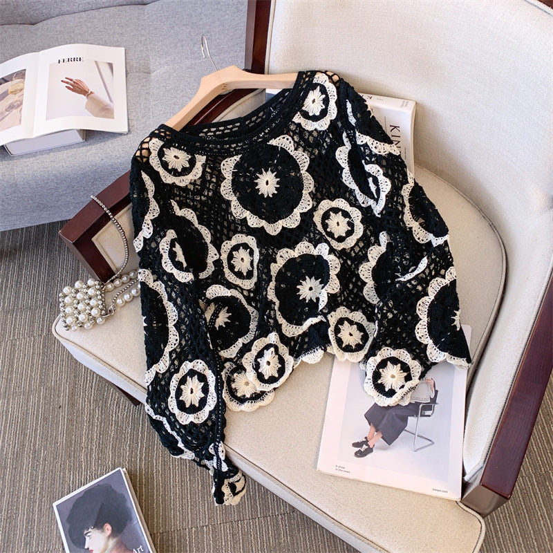 Women's Crochet Lace Yoke Sweater, Geometric Pattern Long Sleeve Pullover With Eyelet Embroidered Trim