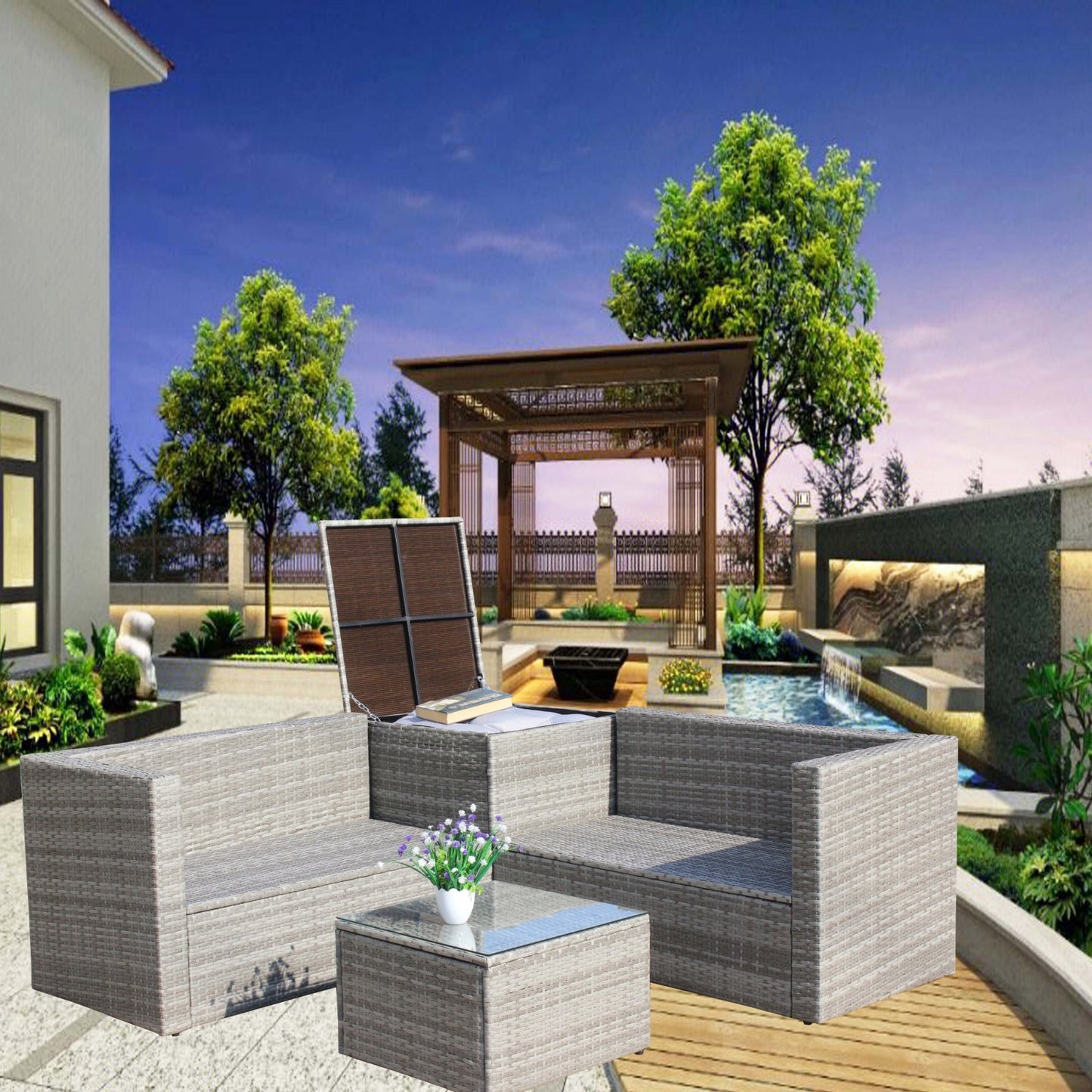 4Pc Patio Sectional Wicker Rattan Sofa Set W  Storage Box Grey