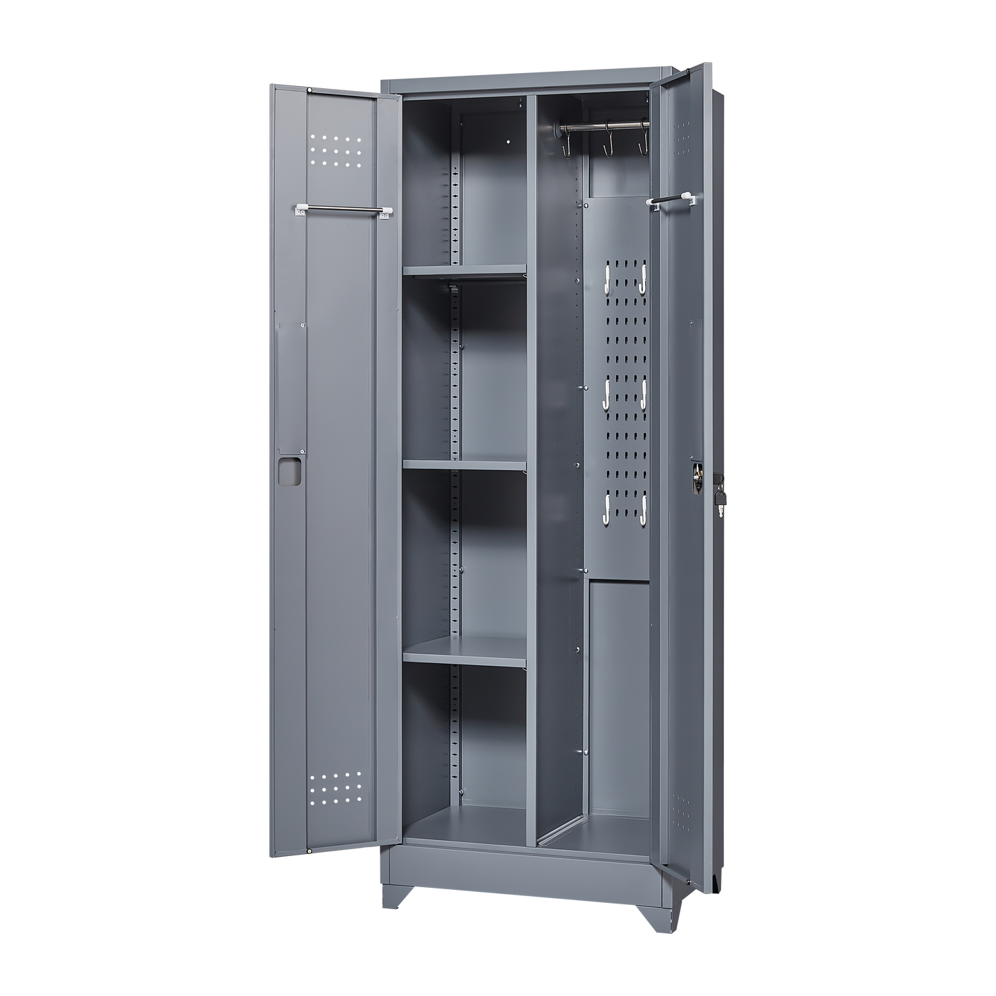 Broom Storage Cabinet With Locking Doors And Shelves, 65  H Metal Storage Cabinet With Hanging Rod & S-Hooks, Cleaning Tool Storage Cabinet Grey