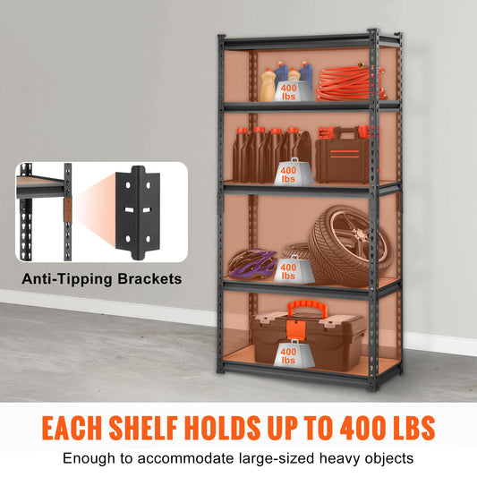 Storage Shelving Unit, 5Tier Adjustable, 2000 Lbs Capacity, Heavy Duty Garage Shelves Metal Organizer Utility Rack, Black, 30L X 12W X 60 H For Kitchen Pantry Basement Bathroom Laundry