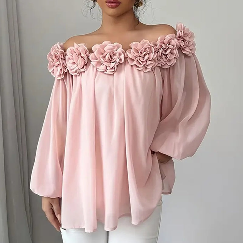 Women's 3D Floral Off Shoulder Blouse, Elegant Long Sleeve Ruffle Sheer Shirt For Party, Evening Dressy Top