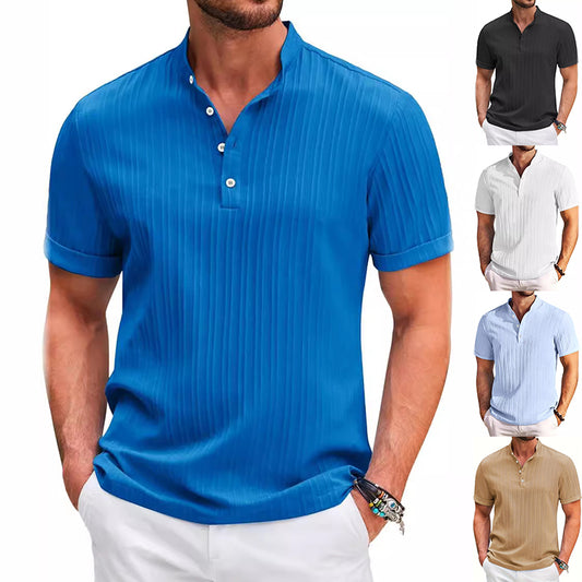 Summer Stand Collar Buttons Short Sleeve T-shirt Solid Color Stripe POLO Shirt Fashion Casual Beach Clothing For Men