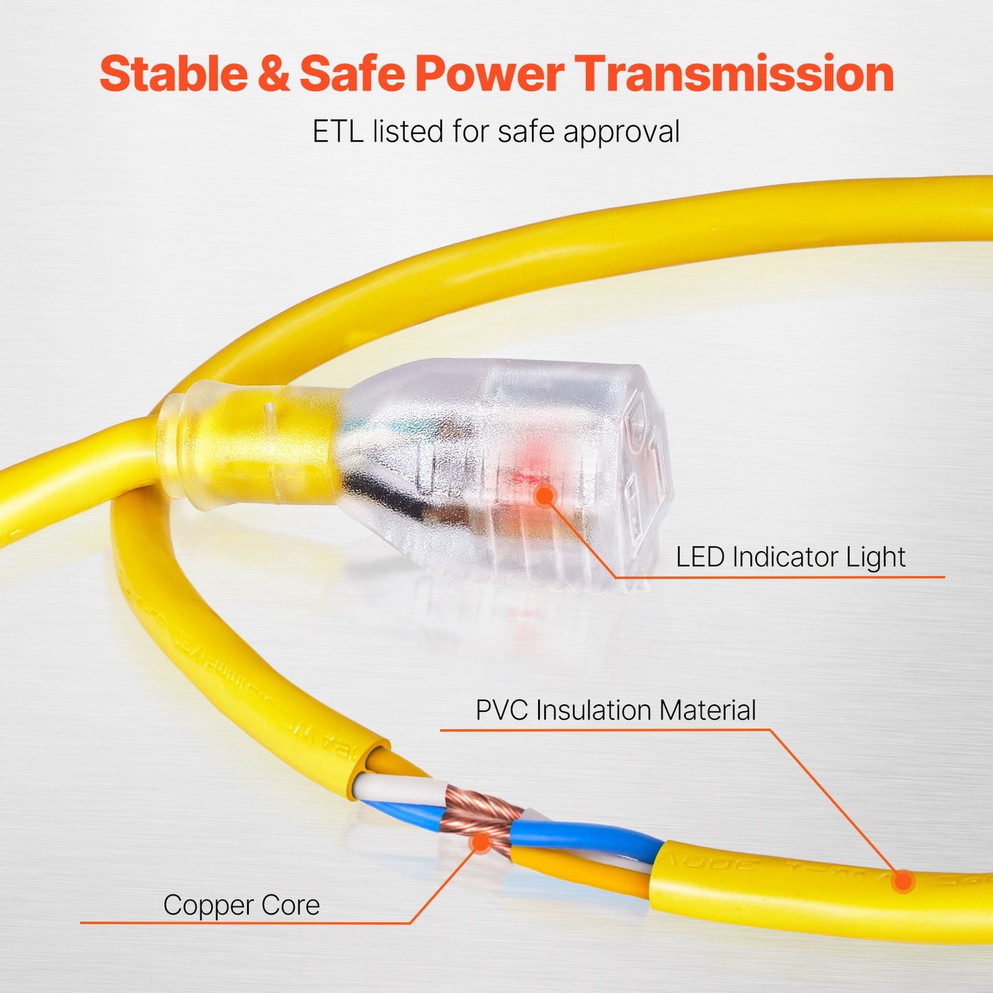 One Hundred FT Heavy Duty Extension Cord 12AWG 15Amps 1875W 3 Prongs With Lighted End