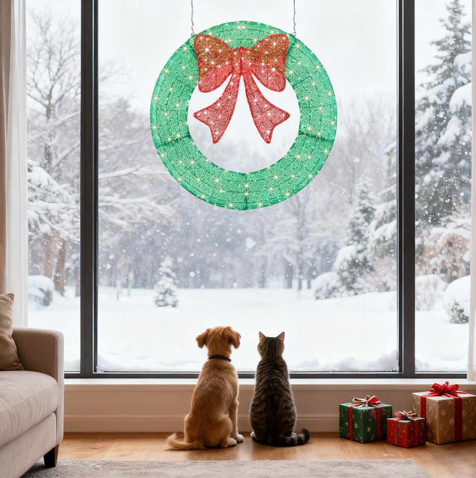 Christmas Wreath Decoration, LED Metal Holiday Decoration In Green Yellow