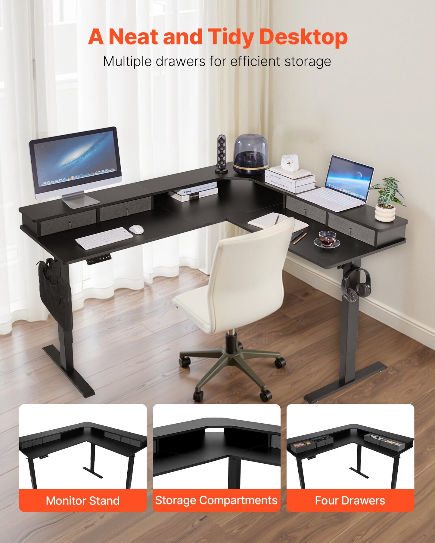 L Shaped Desk Electric Adjustable Height Corner Gaming Desk With Drawers