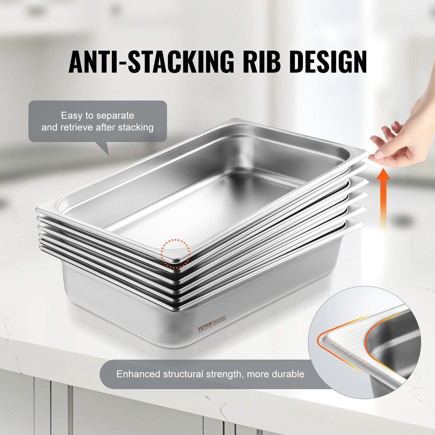 6 Pack Hotel Pans, Full Size Anti-Jam Steam Pan, 0.8mm Thick Stainless Steel Restaurant Steam Table Pan, 4-Inch Deep Commercial Table Pan, Catering Storage Food Pan, For Industrial  Scientific