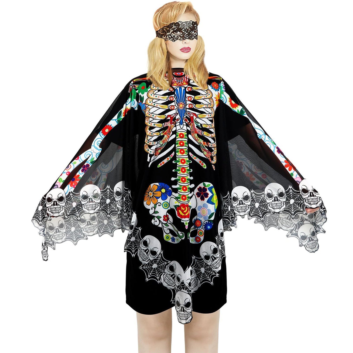 Halloween Skeleton Poncho, Lace Skeleton Halloween Costume Poncho Day Of The Dead Colorful Poncho For Women, 59 Inchx59 Inch