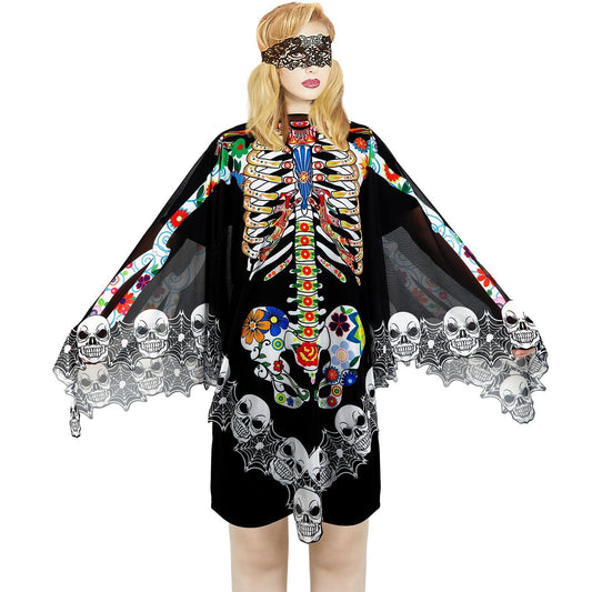 Halloween Skeleton Poncho, Lace Skeleton Halloween Costume Poncho Day Of The Dead Colorful Poncho For Women, 59 Inchx59 Inch