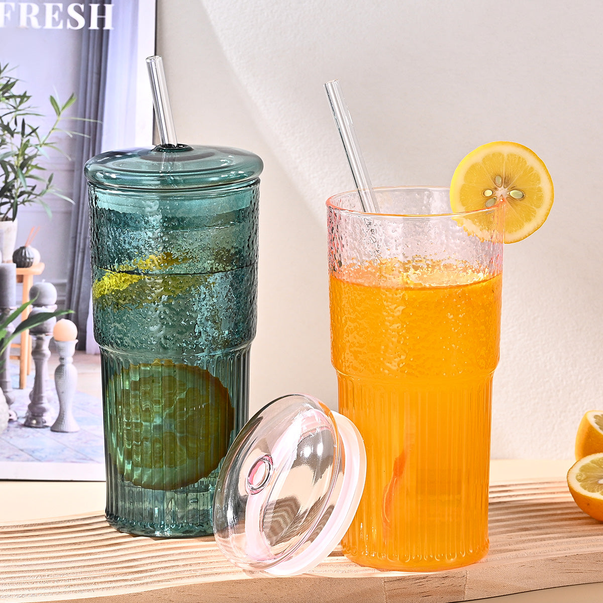 20 Oz 2-pack Purple Glass Straw Cup With Vertical Pattern Cup And Lid, High Borosilicate Heat-resistant Glass Cup For Juice, Milk And Cold Drinks