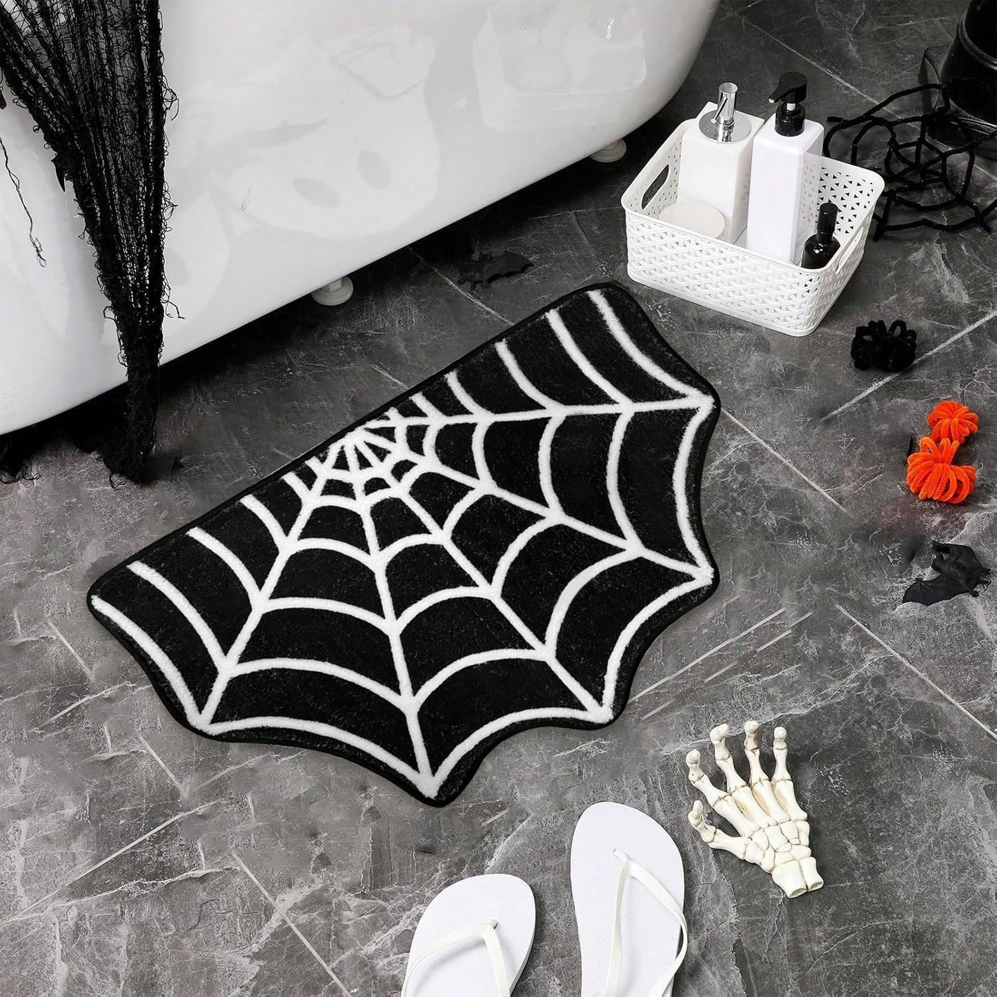 Halloween Carpet 23.6x15.7 Inches Gothic Carpet Spider Web Indoor Rug Halloween Bathroom Mat Non-Slip Carpet Spider Web Bath Mat Suitable For Front Door, Bedroom, Living Room, Home, Outdoor Entrance