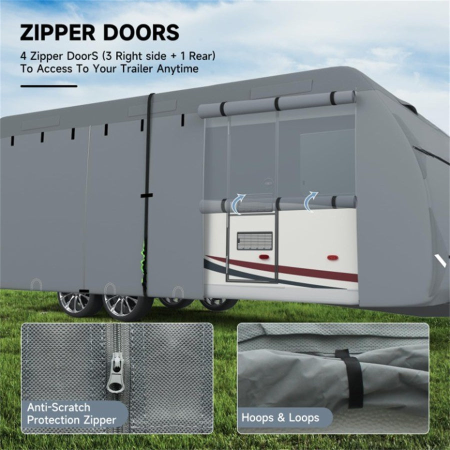 RV Cover, Upgraded 7 Layers Top Travel Trailer Cover, Waterproof Camper Cover For Toy Hauler With Tongue Jack Cover, Gutter Covers