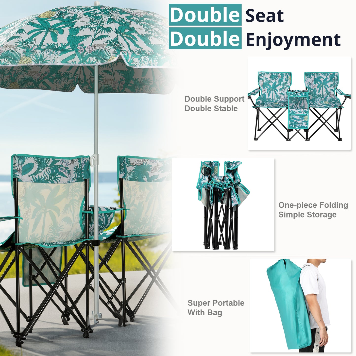 Camping Chairs, Folding Double Chair With Removable Umbrella, Cup Holders, Cooler Bag, Side Pocket & Carry Bag, For Beach, Outdoor, Sports, Concerts, Travel, Picnic