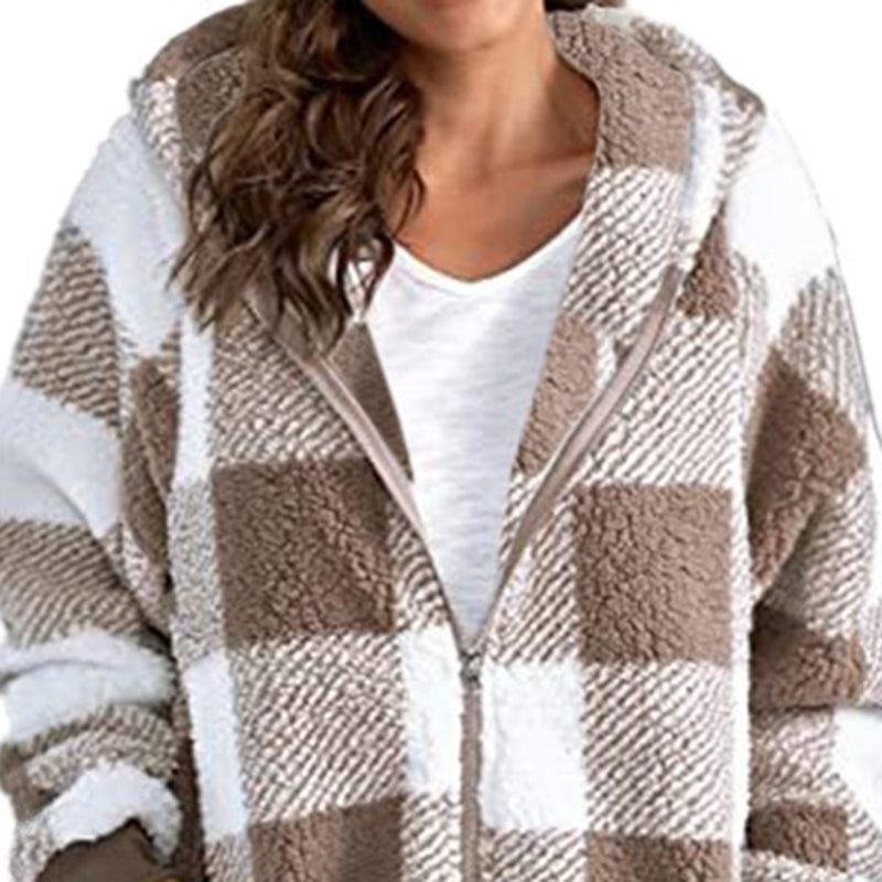 Women's Plaid Hooded Jacket, Long Sleeve Zip Up Oversized Coat With Pockets For Winter Casual And Commute
