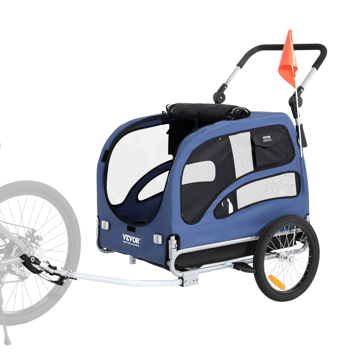 2-in-1 Pet Stroller Cart Bicycle Carrier, Easy Folding Cart Frame With Quick Release Wheels, Universal Bicycle Coupler, Reflectors, Flag, Blue Black