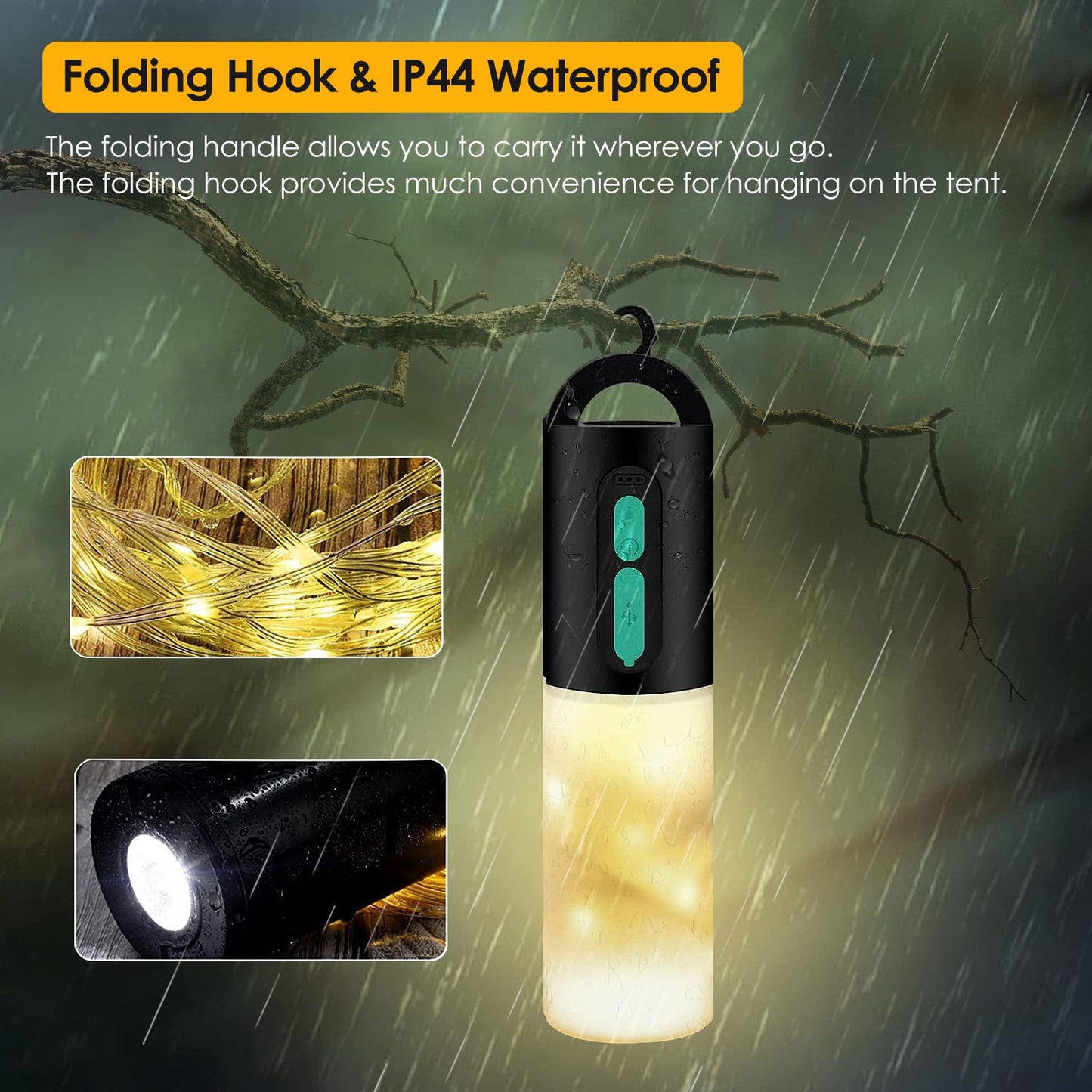 1Pc 4 In 1 Rechargeable Camping String Light IP44 Waterproof Camping Lantern With 33Ft String Light 7 Light Modes Emergency Power Bank Carry Bag For Indoor Outdoor Wedding Party
