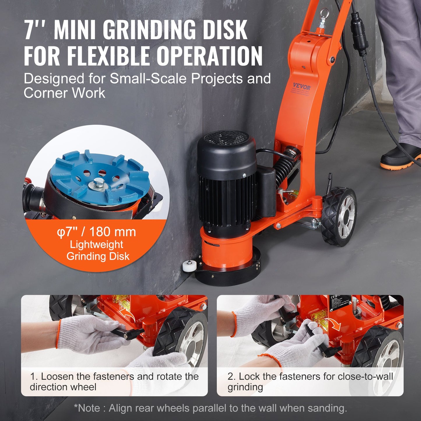 Electric Concrete Floor Grinder 7" Walk-Behind Grinder 1.7HP Concrete Floor Polisher, 1300W Grinding Machine, 1720RPM Upgrade Brushless Motor Surfacing Grinder For Granite/Marble/Stones