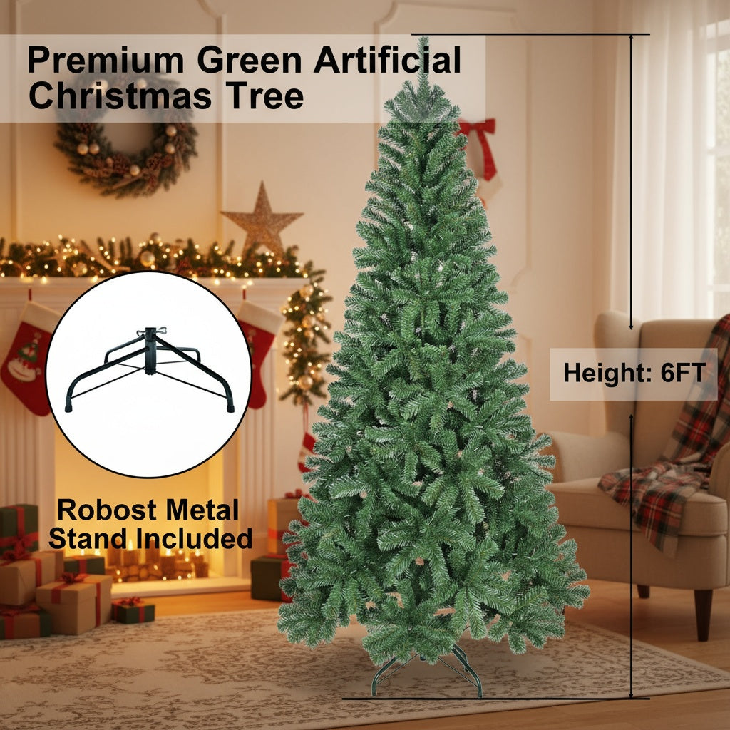 6FT Artificial Plant Natural Christmas Tree 500 PVC Tips Hinged Metal Stand Full Indoor Holiday Party Decor