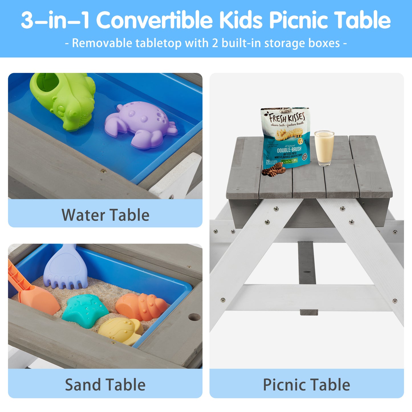 3-in-1 Children's Outdoor Wooden Picnic Table With Umbrella, Convertible Sand And Water, And 7 Plastic Toys