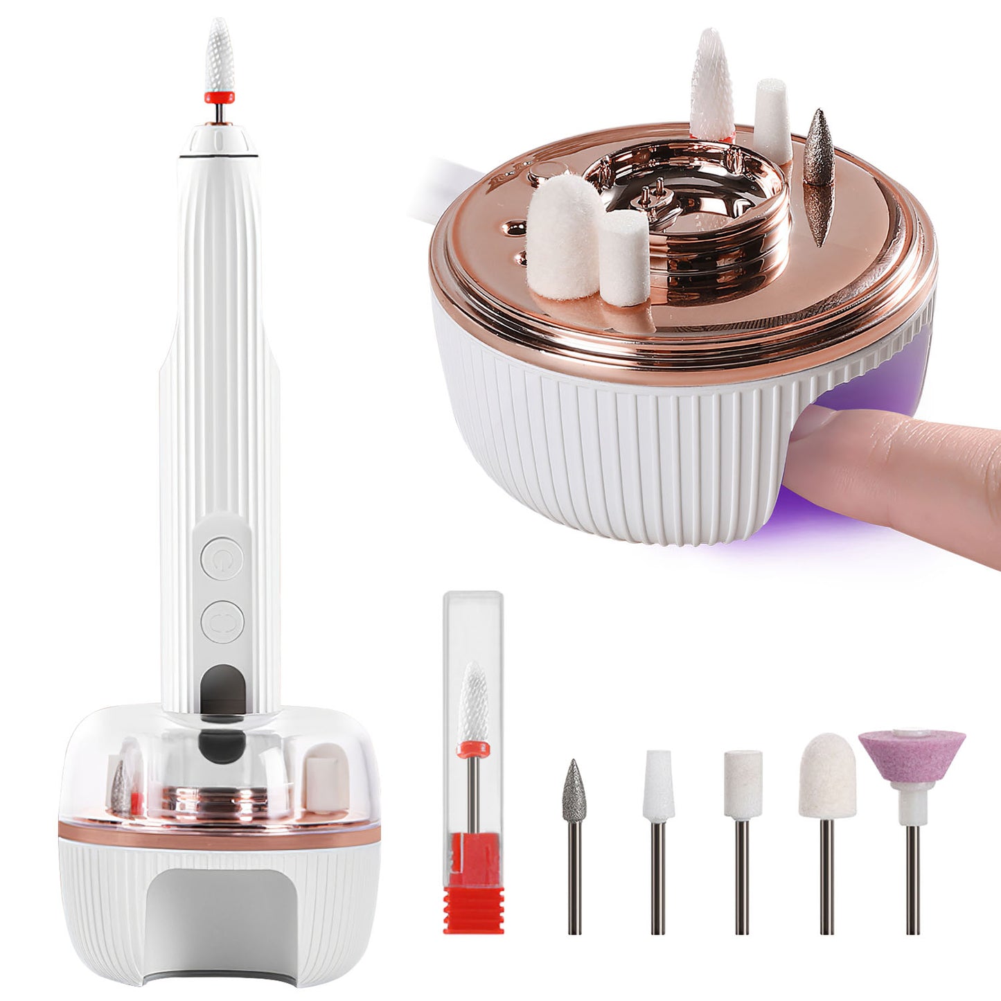 1Pc Portable Cordless Electric Nail Drill Kit Charging Base With UV Nail Dryer 6Pcs Nail Drill Bits 5Speeds Direction Control Timer Setting For Acrylic Gel Nails Polish Manicure Pedicure