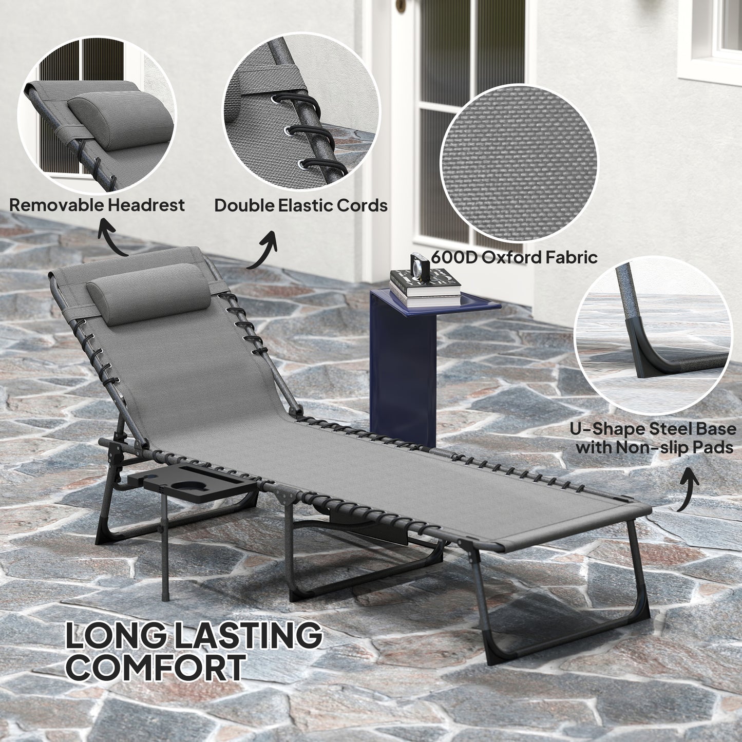 Folding Outdoor Chaise Lounge Chair Tanning Chair with 5-Level Adjustable Back