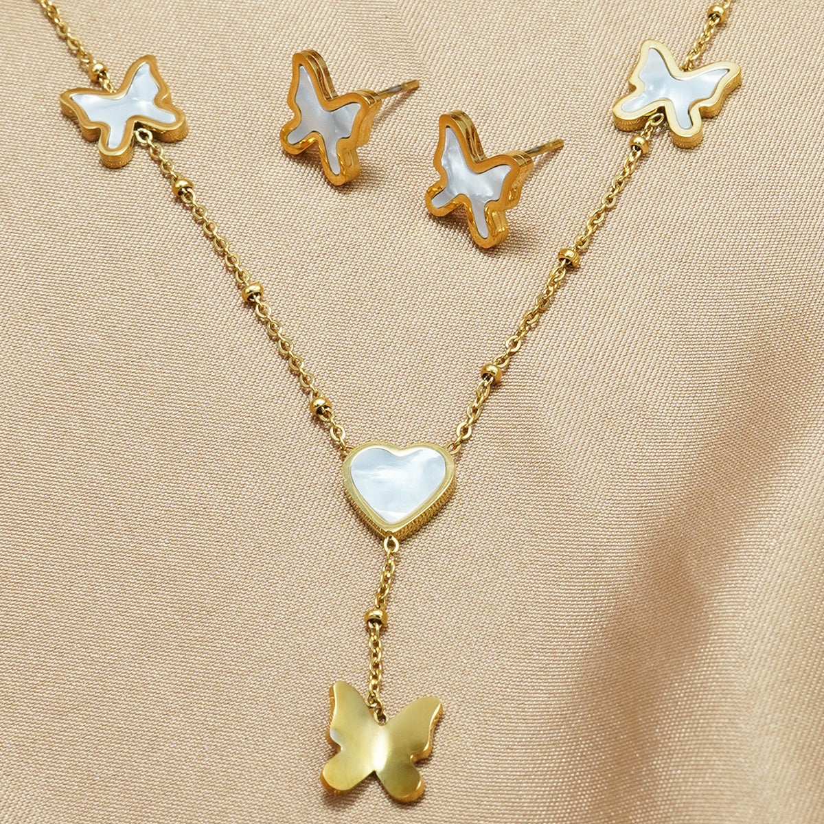 Lxalry 18K Gold Plated Stainless Steel Butterfly & Heart Jewelry Set For Women - Waterproof Hypoallergenic Necklace & Earrings, Elegant Gift For Girlfriend, Birthday, Wedding, Daily Wear