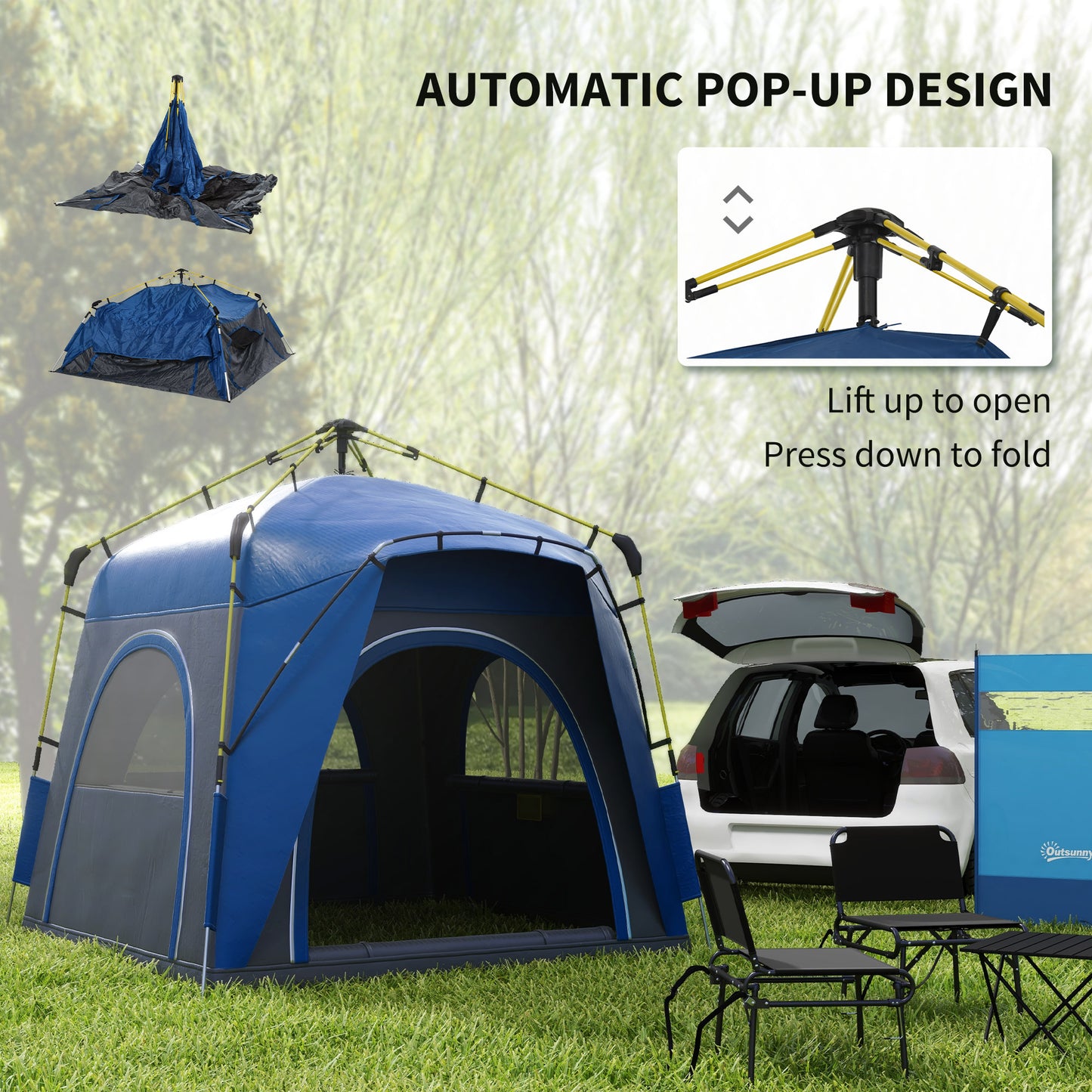 4 Person Pop Up Camping Tent Quick Setup Automatic Hydraulic Family Travel Tent w/ Windows Doors Carry Bag