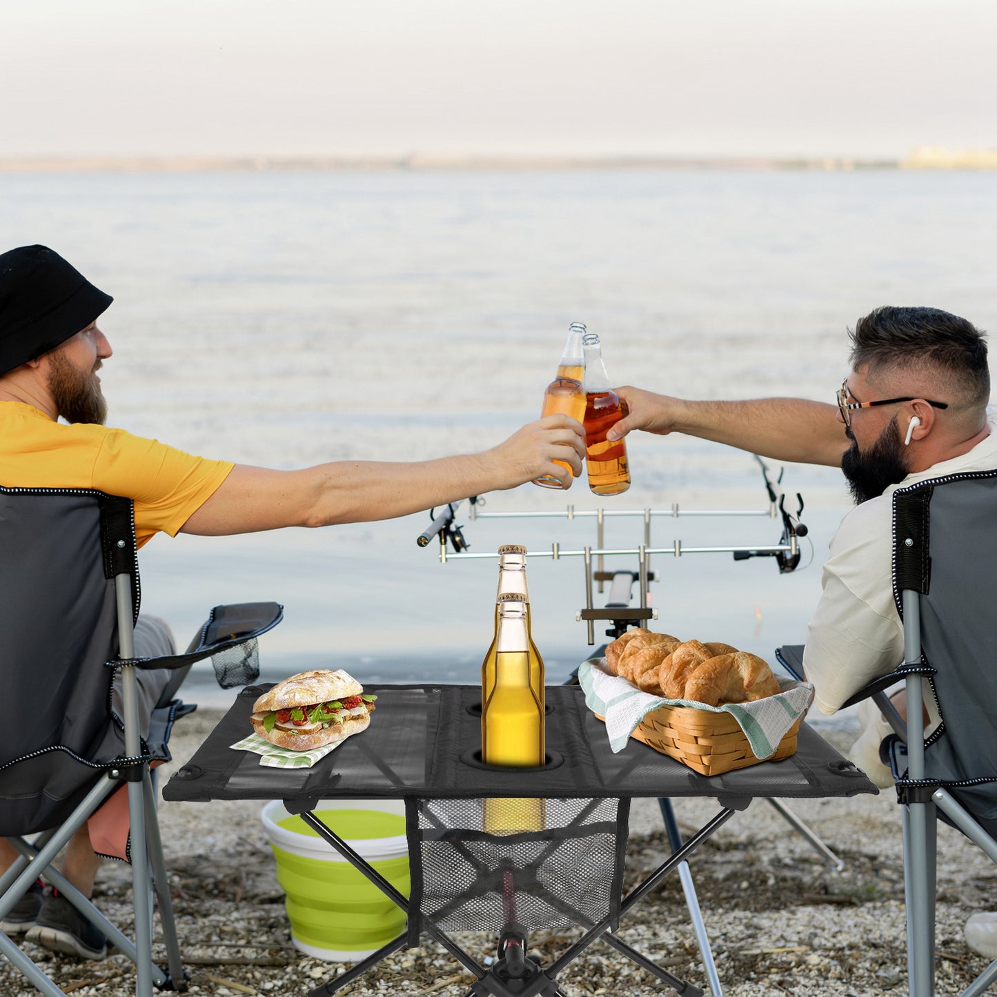 1Pc Portable Folding Camping Table Foldable Beach Table Aluminum Alloy Frame With 2 Cup Holders 2 Side Pockets Carry Bag For Picnic Camping Hiking Beach BBQ