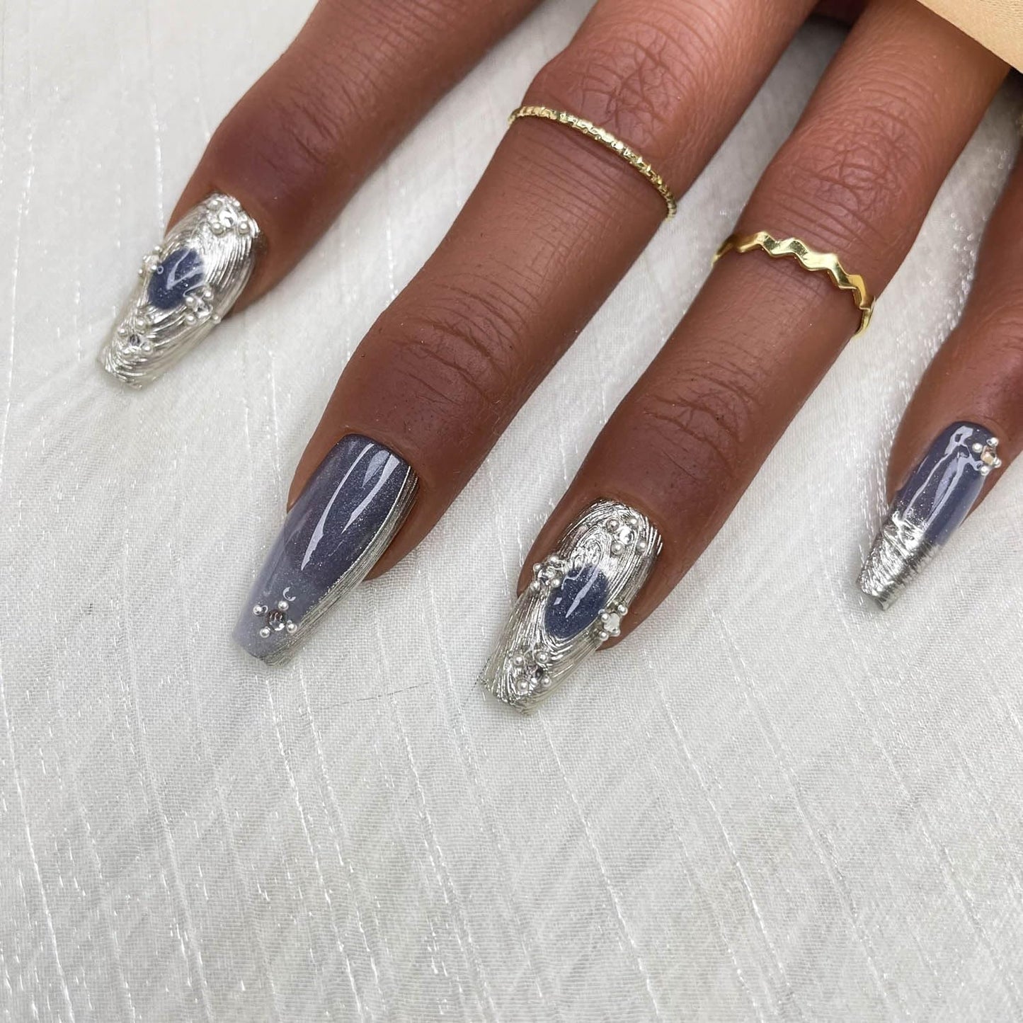 GGDDSHA 10pcs Press On Nails Long Coffin Fake NailsFashion Rhinestone Design Art Charms For WomenHandmade Nail Art Manicure Gradient,Mercury Veil