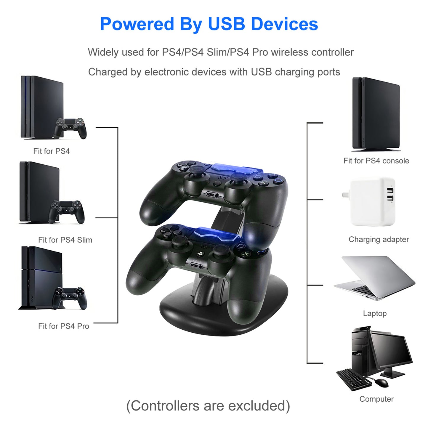 Charging Dock Station Dual Micro USB Charger Stand For PS4 Pro-PS4 Slim Gamepad Controller Handle Charging Station With Blue Indicator Game Lovers