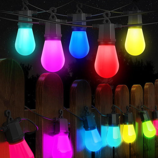 48FT Color Changing Outdoor String Lights , Dimmable String Lights For Outside Waterproof With 16 Shatterproof LED Bulbs, Remote Control Patio Lights For Christmas Halloween Decoration Party Backyard
