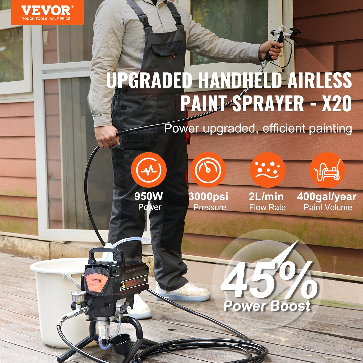 950W Stand Airless Paint Sprayer, 3000PSI High Efficiency Electric Airless Sprayer, Handheld Paint Sprayers For Home Interior And Exterior Furniture And Fences, Fine And Even Painting Effect