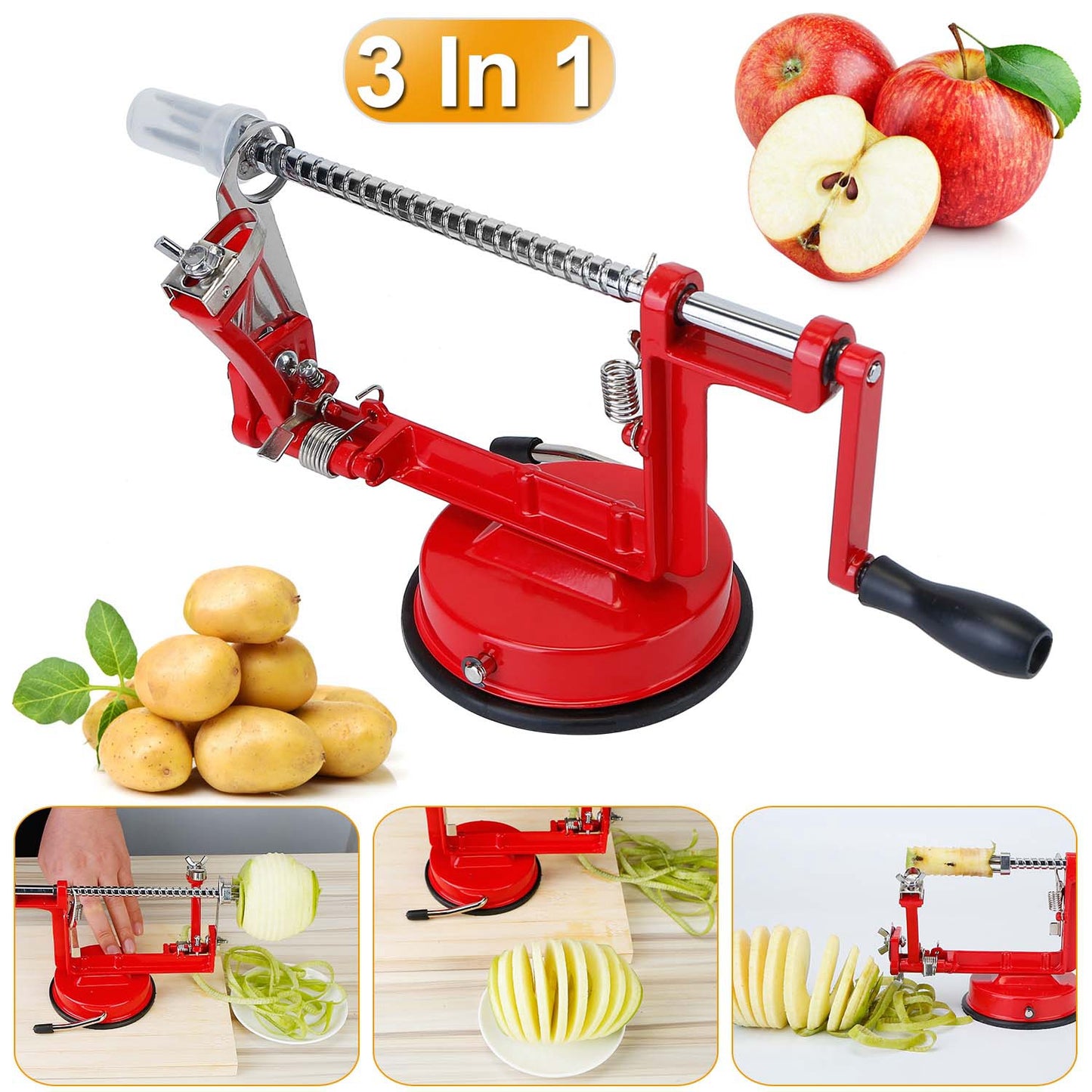 3 In 1 Fruit Peeler Manual Rotation Potato Fruit Core Slicer Kitchen Hand Cracking Corer With Zinc Alloy Peeler Suction Base