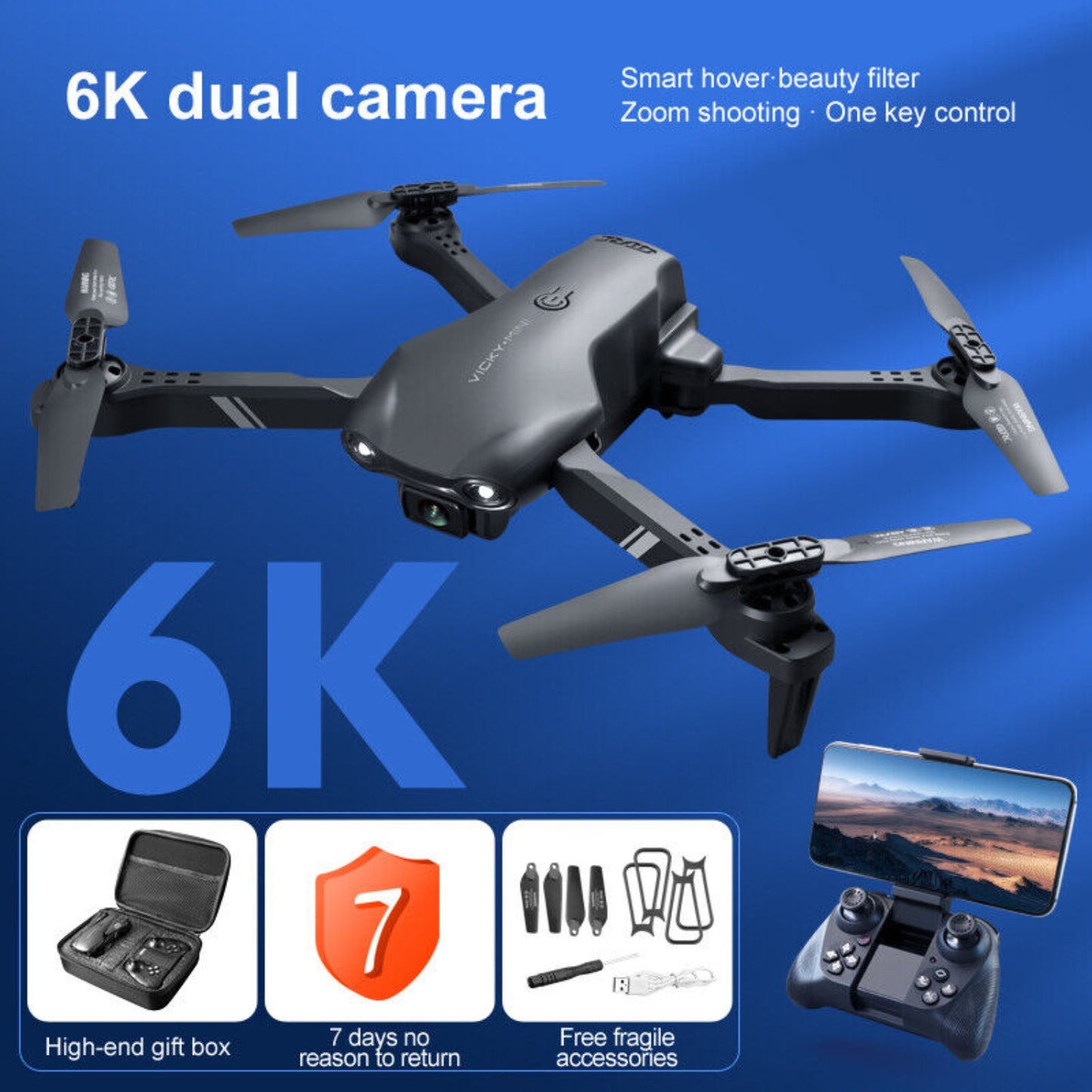 V13 RC Drone 6K HD Dual Camera WiFi FPV Foldable Quadcopter Camera Drone, 2 Battery. Logistics Is Randomly Sent By UPS,USPS,FEDEX