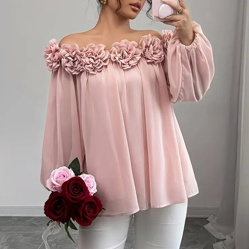 Women's 3D Floral Off Shoulder Blouse, Elegant Long Sleeve Ruffle Sheer Shirt For Party, Evening Dressy Top