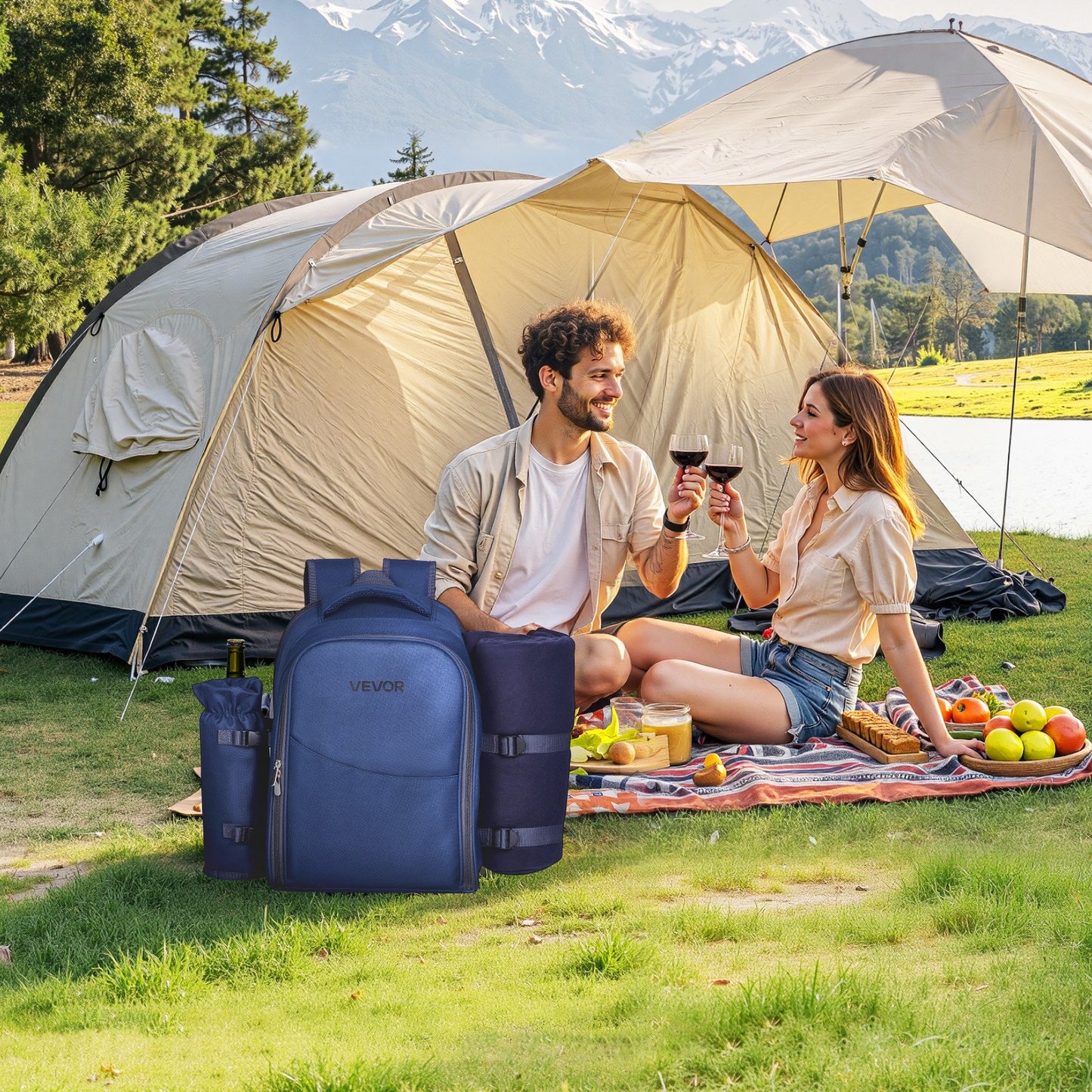 Beach Picnic Backpack Bag For 2 Person With Cooler Compartment Navy Blue