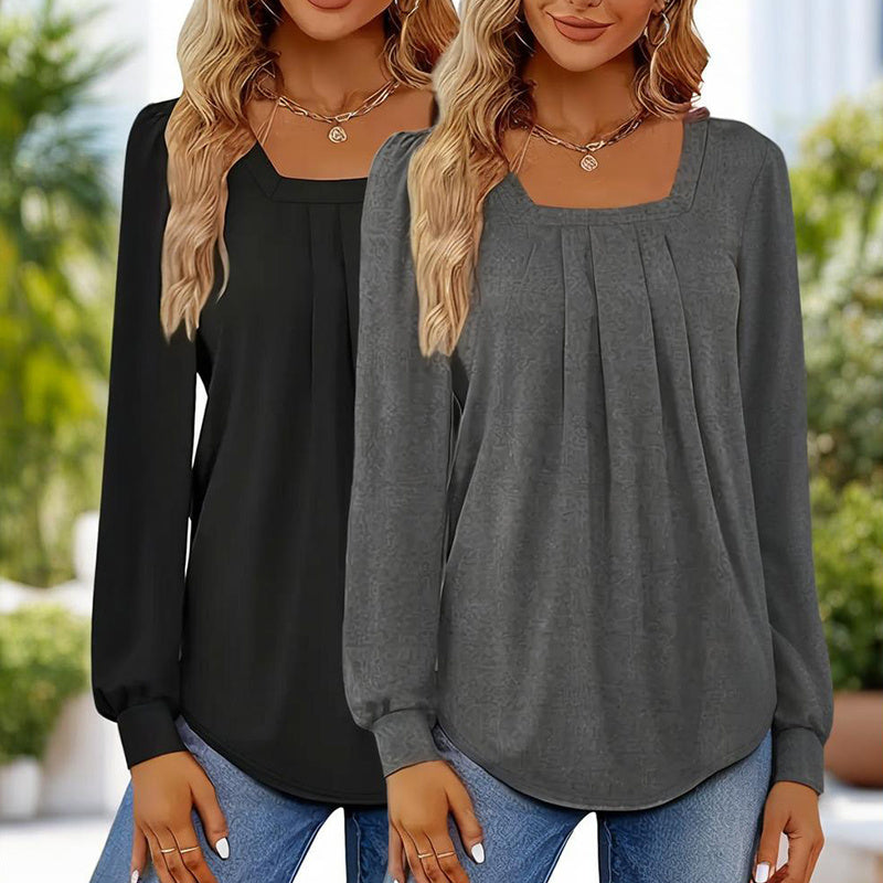 2-Pack Women's Puff Sleeve Square Neck Blouse, Fall Trendy Pleated Tunic Top, Dressy Casual Long Sleeve Work Shirt